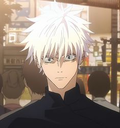 an anime character with white hair and blue eyes in front of a group of people