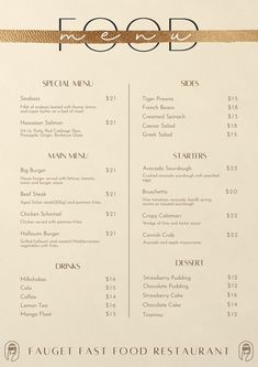 a menu for a restaurant with gold foil on it