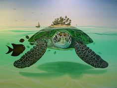 a painting of a turtle swimming in the ocean with fish around it and an island on its back