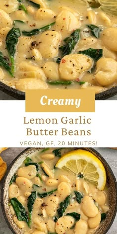 creamy lemon garlic butter beans in a skillet with spinach and lemon wedges