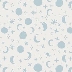 a blue and white wallpaper with stars, crescents, and moon silhouettes