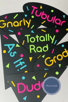 three black stickers with colorful lettering on them that say, totally read and do