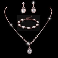 Elevate your elegance with this exquisite 3-piece rose gold jewellery set, featuring a matching necklace, earrings, and bracelet adorned with dazzling cubic zirconia crystals. Each piece is designed to radiate timeless sophistication, making it the perfect accessory for weddings, formal events, or a glamorous night out. Crafted with hypoallergenic materials, this set is gentle on sensitive skin, ensuring all-day comfort. Waterproof and tarnish-free, it's designed to retain its brilliant shine no Gold Jewellery Set, Rose Gold Jewellery, Flower Girl Bracelets, Bridal Necklace Set, Gold Jewelry Sets, Cultured Pearl Necklace, Luxe Life, Gold Filled Ring, Hypoallergenic Jewelry