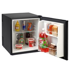 an open mini fridge with drinks and condiments