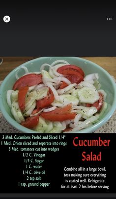 the recipe for cucumber salad is shown in this screenshot, with instructions to make it