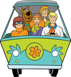 the scooby gang is driving in an old style bus with its hood up