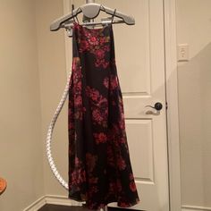 Nwt Free People, Satin Floral Slip Dress, A-Line, With Halter Top, Ties In The Back At The Neck, And Cutout Down The Middle Of The Back, Size L Sleeveless Grunge Halloween Dress, Evening V-neck Slip Dress With Floral Print, Red Bohemian Sleeveless V-neck Dress, Free People Black Dress With Flowers, Urban Outfitters Red V-neck Dress, Floral Slip Dress, Satin Slip, Satin Slip Dress, Free People Dress