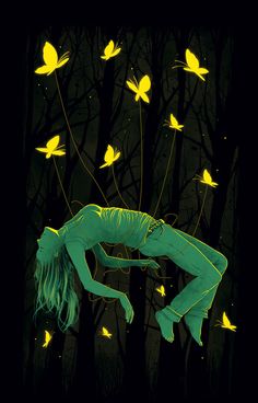 a painting of a woman laying on her back in the woods surrounded by yellow butterflies