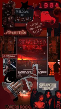 the collage shows various different types of posters and signs in red, orange, black and white