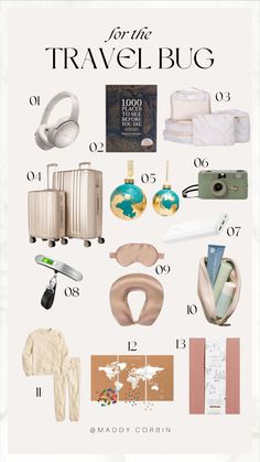 the travel bug poster is full of things to pack for your trip, including luggage