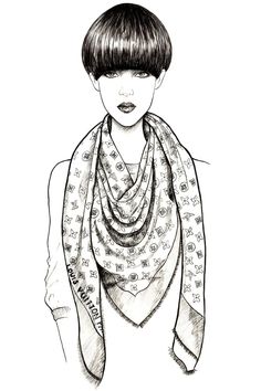 a black and white drawing of a woman wearing a scarf