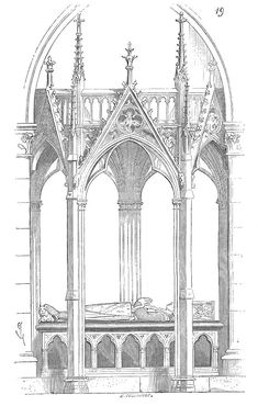 an architectural drawing of the interior of a cathedral with columns and arches, in black ink