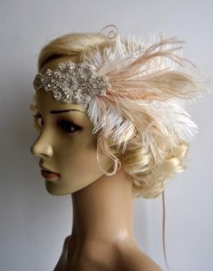 Stunning Clear Rhinestone Crystal Silver 1920s headpiece - flapper headband. Beautiful sparkling bridal , The Great Gatsby party or any special occasion rhinestone headpiece Can be worn many different styles. Made of - stunning clear rhinestone crystal silver headband - rhinestone trim - embellished with large gorgeous sparking rhinestone applique - set of ivory, champagne, white turkey, rooster, ostrich feathers , wispy ostrich plumes and ivory peacock eyes - tie on with satin ribbons Each feat Estilo Charleston, 1920s Hair Accessories, Hair Fascinators, Hair Accessories Gold, Flapper Hair, Bridal Head Piece, 1920s Headband, Bridal Headbands, Gatsby Headband