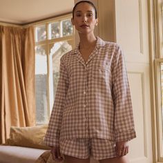 Elderberry Gingham Linen Women's Pajama Shorts Cool Pjs For Women, Pajama Set Women Aesthetic, Piglet In Bed Pyjamas, Organic Cotton Pajamas, Gingham Pajama Set, Cute Sleepwear Women, Sewing Pajama Set, Vintage Pajamas Aesthetic, Luxury Pajamas For Women