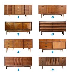 six different types of dressers and drawers with numbers on the top, bottom, and bottom