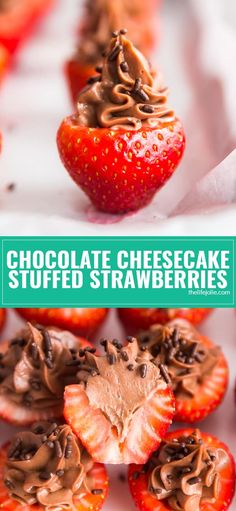 chocolate cheesecake stuffed strawberries on a plate with the title overlay above it