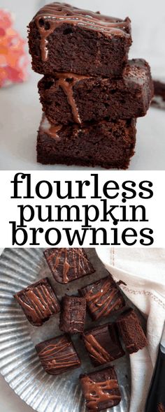 chocolate brownies stacked on top of each other with the words flourless pumpkin brownies