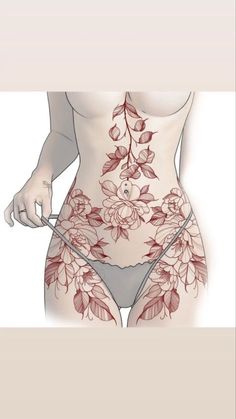 Womens Full Stomach Tattoo, Woman Belly Tattoo, Hip And Stomach Tattoos Women, Womens Belly Tattoos, Stretch Mark Tattoo Ideas, Full Buttcheek Tattoo, Stomach Stretch Mark Tattoo, Red Leg Tattoos Women, Full Body Flower Tattoo