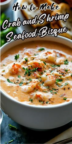 a close up of a bowl of seafood bisque