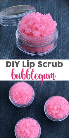 three small bowls filled with pink sugar and the words diy lip scrub bubblegum