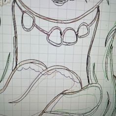 a drawing of a cartoon character's face with eyes and hands drawn on paper