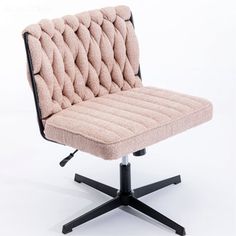 an office chair with a pink upholstered seat and black base, on a white background