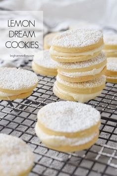 lemon dream cookies on a cooling rack with powdered sugar