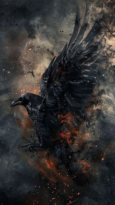 a black bird flying through the air with fire in it's beak and wings