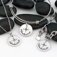 Wanderlust With Compass | Adventure and Outdoor Lovers Gift Idea | Mountain Scenery - Necklace | Expandable Bangle | Bracelet - Hand Stamped Silver Necklace Stack, Stack Necklaces, Hiking Jewelry, Long Distance Best Friend, Spiritual Necklace, Moving Gift, Dainty Initial Necklace, Expandable Bangle Bracelet, Mountain Scenery