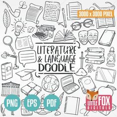 the literature and language doodle bundle includes books, notebooks, pencils, and other