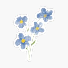 three blue flowers with yellow centers on a white background stickers are in the foreground