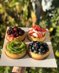 four donuts with different toppings are on a tray in front of some trees