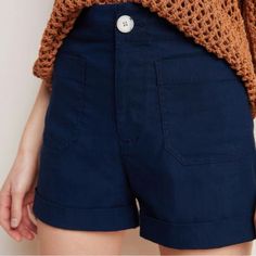 Beautiful High Waisted Patch Pocket Shorts From Anthro In Navy Blue. Fabric Is Lightweight And Stretchy 45% Viscose 35% Linen 15% Cotton 3% Elastane. Brand New Condition. Approx Measurements Waist-28" Inseam-3" Rise-12" Navy Shorts With Pockets For Spring, Spring Navy Shorts With Pockets, Versatile High Waist Cotton Shorts, Navy Relaxed Fit Bottoms, Short Length, Versatile Blue Cotton Bottoms, Navy Bottoms For Summer Day Out, Chic Blue Wide-leg Shorts, Versatile High-waisted Shorts For Day Out, High Waist Cotton Bottoms With Rolled Hem