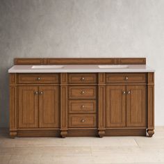 a bathroom vanity with two sinks and no mirror