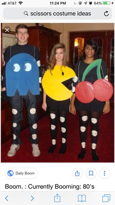 three people are dressed up as pac - man and cherrypear from the movie pacman