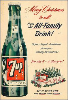 an old advertisement for 7up beer from the 1950's, featuring a christmas tree