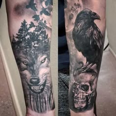 two black and white tattoos on both arms, one with a crow and the other with a wolf