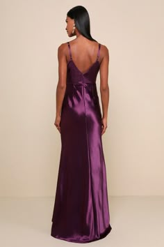 Glow up, girl! In the Lulus Make You Shine Dark Purple Satin Mermaid Maxi Dress, you'll be outshining everyone with your amazing style! Textured woven satin shapes a scoop neckline, a V-back, and a sleeveless, princess-seamed bodice supported by adjustable spaghetti straps. A fitted waist tops a full-length maxi skirt with a flattering mermaid hem. Hidden back zipper/clasp. Fit: This garment fits true to size. Length: Floor length. Size medium measures 54.5" from top to bottom. Bust: Great for a Scoop Neckline Prom Dress, Purple Halter Neck Dress, Deep Purple Dress Classy, Deep Purple Maxi Dress, Dark Purple Silk Prom Dress, Dark Plum Prom Dress, Purple Prom Dress Simple, Plum Dress Outfit Wedding, Dark Purple Satin Dress