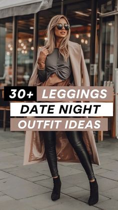 Casual Cold Night Outfit, Black Blazer With Leather Leggings, Black Leggings Party Outfit, Faux Leather Leggings And Combat Boots, Dress Black Pants Outfit, Dress Up Leggings Night, Copper Leggings Outfit, Trendy Winter Going Out Outfits, Black Leggings Going Out Outfit