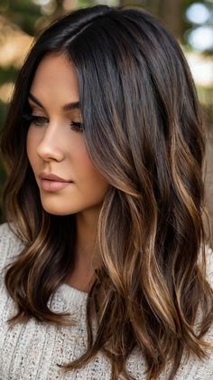 Dark Fall Hair Colors for Brunettes Long with Soft Ringlet Curls 💕 Fall Balayage For Black Hair, Dark Roots To Light Brown Hair, Long Brown Hair With Lowlights, Brunette Hair With Fall Highlights, Balayage For Long Brown Hair, Fall Balayage Hair Brunettes, Fall Brunette Hair Medium Length, 2024 Brunette Hair Trends Fall, Fall Medium Hairstyles