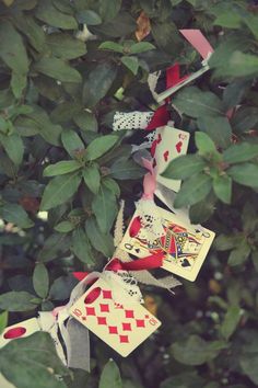 some cards are hanging from a tree with leaves around them and tied to the branches