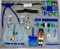 an assortment of various items are displayed on a piece of cloth with blue trimmings