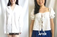 before and after photos of a woman's white blouse