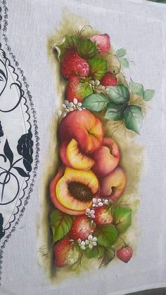 a painting of peaches and strawberries on a table cloth