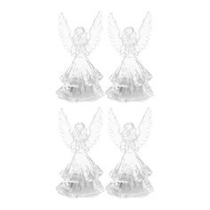 four clear glass angel figurines sitting on top of each other