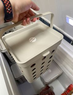 a person holding a plastic basket in an open refrigerator