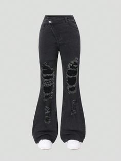 Tween Girls Trendy Diagonal Waistline Ripped Distressed Flared Black Denim Jeans Black    Denim Plain Flare Leg High Stretch  Tween Girls Clothing, size features are:Bust: ,Length: ,Sleeve Length: Black Ripped Flare Jeans, Cute Baggy Ripped Jeans, Shein Flare Jeans, Dark Ripped Jeans, Black Jeans With Holes, Women Ripped Jeans, Ripped Flare Jeans, Ripped Black Jeans