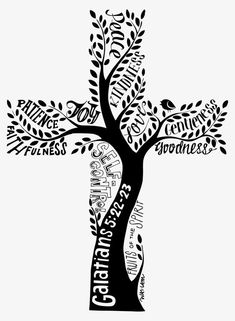 a black and white tree with words written in the shape of a cross on it