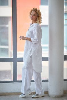 "Women Linen Set, Linen Clothing, Plus Size Linen ♠ Casual style with extravagant touch ideal for your provocative nature. The delicately crafted pieces from natural materials will embrace your body in a perfect fit. Dare to be Visible! ♠ Sizes The model on the picture is 168 cm/5'5\" tall and is wearing size М. Have a look at my Size Chart below to make sure your piece will fit you best. ** PLEASE provide your height, bust, waist and hips measurement if you'd like to have a customized piece! We Linen Casual Outfit, Tunik Linen, White Linen Outfit, White Summer Top, Linen Tunic Shirt, White Summer Tops, Plus Size Linen, White Tunic Tops, Summer Tunic