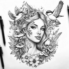 a drawing of a woman with flowers and birds on her head